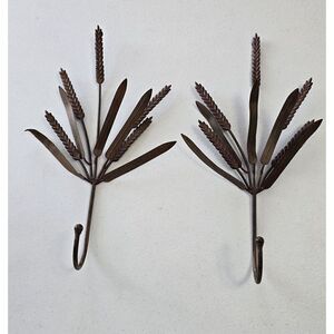 2 Metal Wheat Wall Hanging Hook Coat Hat Towel Rustic Farmhouse